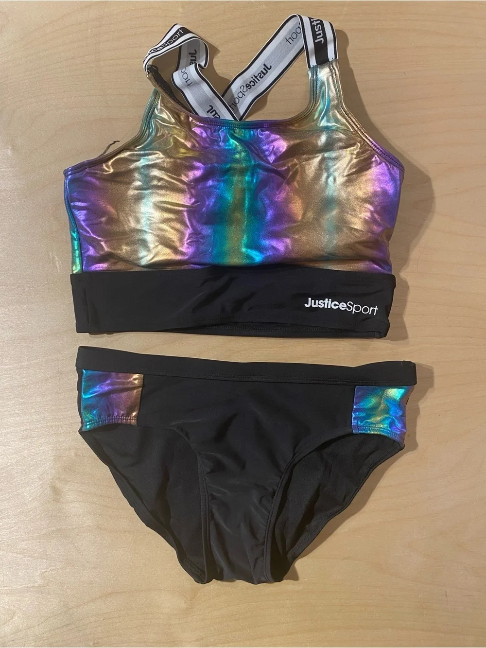 Justice Sport Iridescent Gold-Blue Two-Piece Athletic Swim Set XL (16/18) (RG)